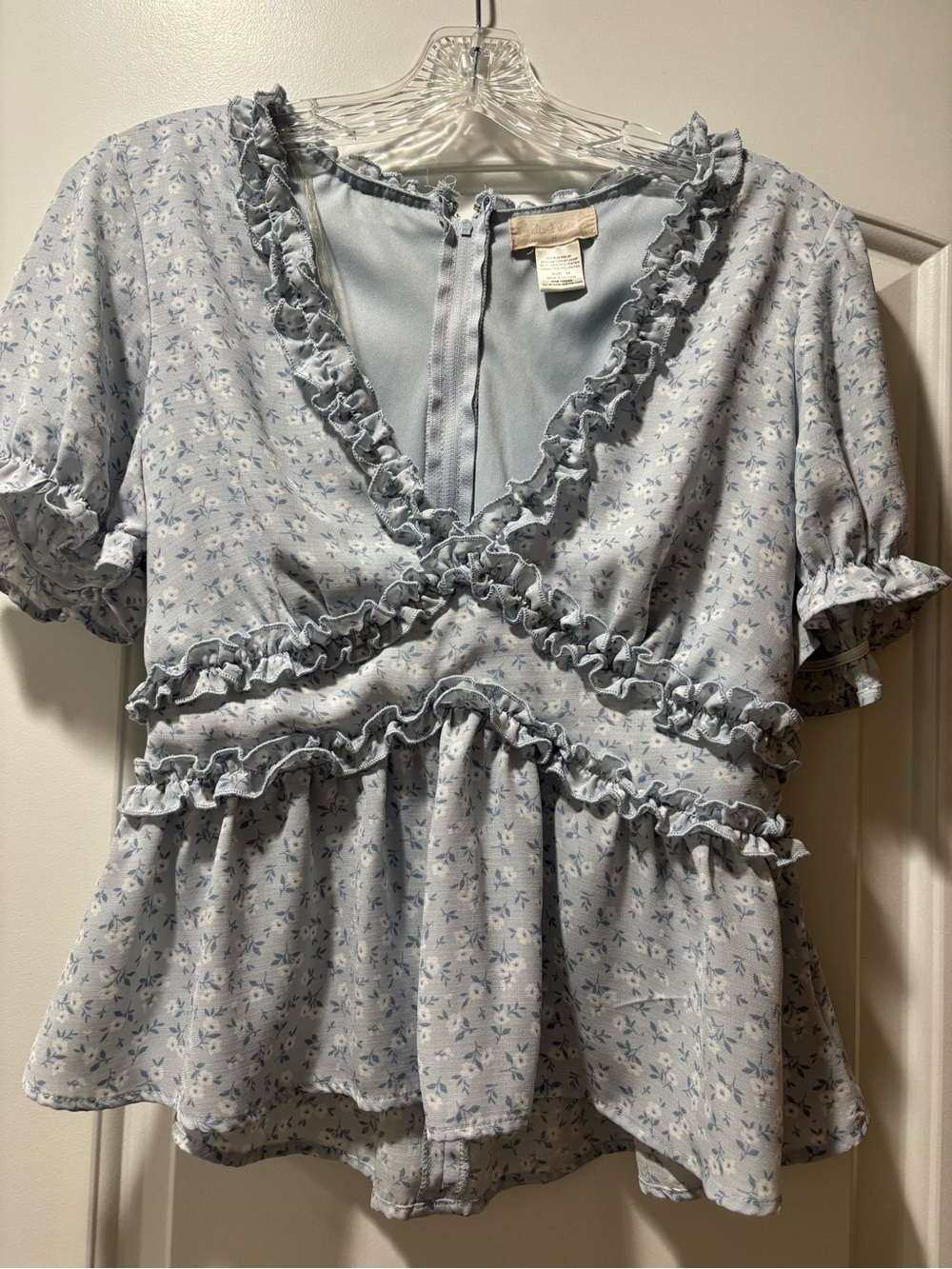 Altar'd State Light Blue Floral Ruffle Peplum Blouse